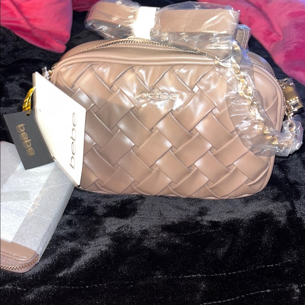 Bebe Taupe Woven Crossbody Bag